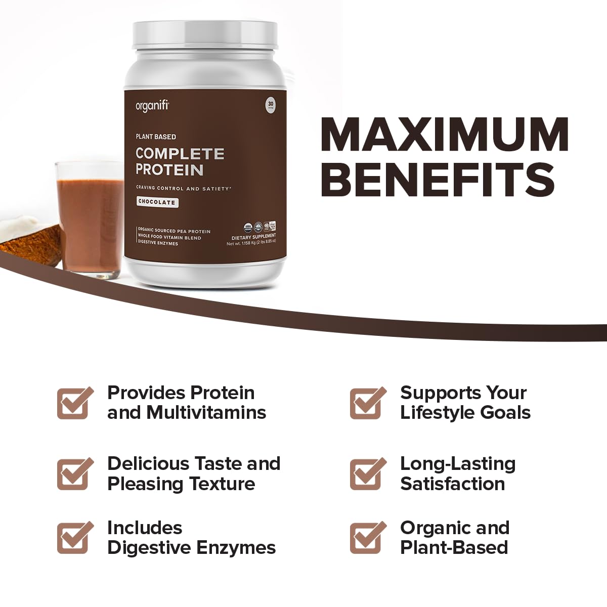 Organifi Complete Protein Chocolate Flavor Organic Vegan Plant Based Protein Powder with Digestive Enzymes, 2.68 lb