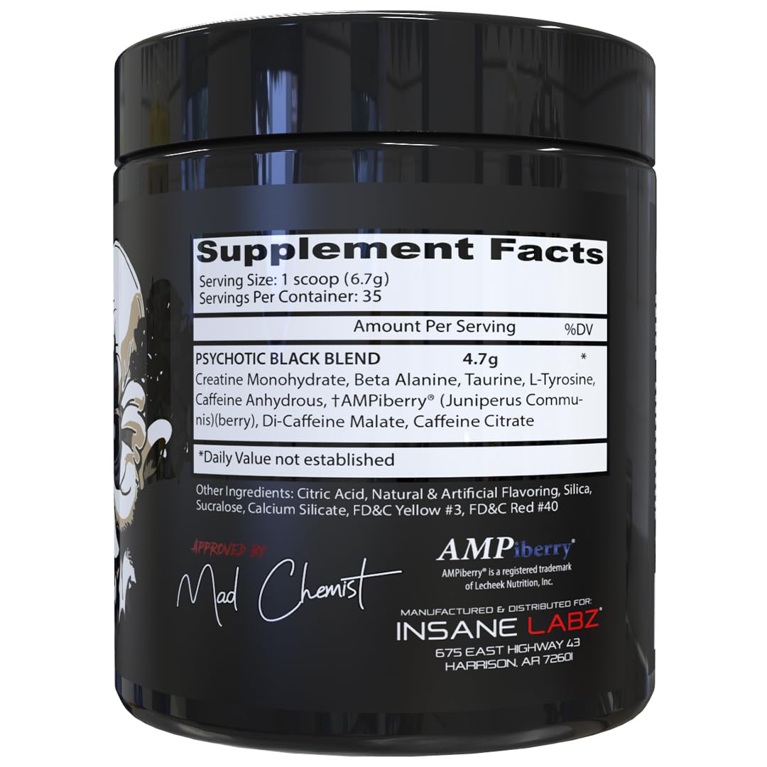Insane Labz Psychotic Black Edition Mid Stimulant Pre Workout Powder, 7.8
