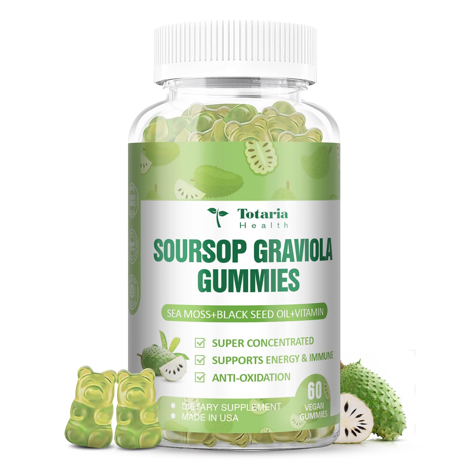 Totaria Sugar Free Soursop Oil Graviola Sea Moss Gummies, 60 Count