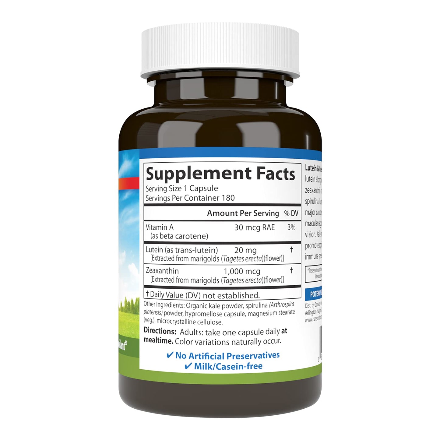 Carlson Lutein & Greens 20 mg Vision Support & Eye Function Antioxidant 180 Capsules