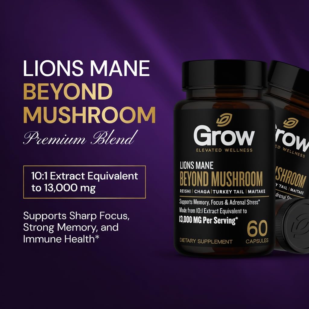 Grow Vitamin Organic Lions Mane Smart Shrooms, for Men & Women - Caffeine-Free Brain Booster, Focus Capsules for Concentration, Brain & Memory Support, 60 Capsules