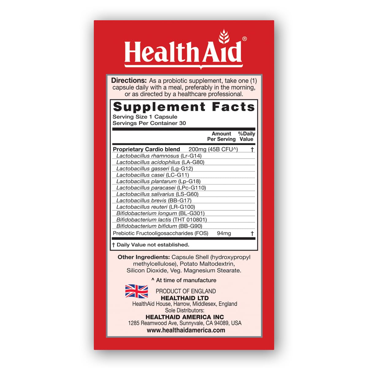 HealthAid CardioProbio Gut-Heart Probiotic 45 Billion CFU, 12 Strains + Prebiotic – Supports Digestive Health & Cardiovascular Wellness – Acid & Bile Resistant, Vegetarian – 30 Capsules