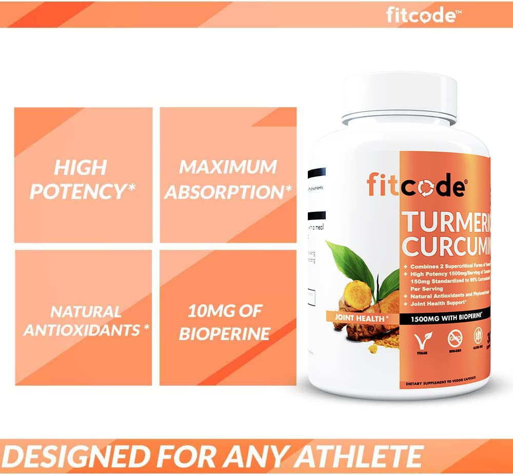 fitcode Turmeric Curcumin with 95% Curcuminoids 1500mg BioPerine Enhanced Absorption Capsules, 90 Count