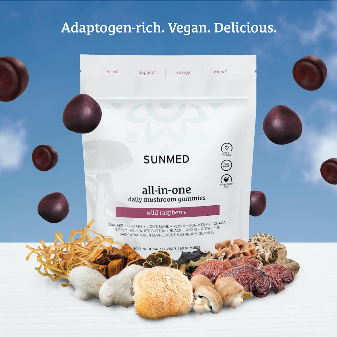 SUNMED All-in-One Mushroom Gummy Supplements, 10 Functional Mushrooms (Lion’s Mane, Reishi, Cordyceps, Chaga), Wild Raspberry Flavor, 60 Gummies
