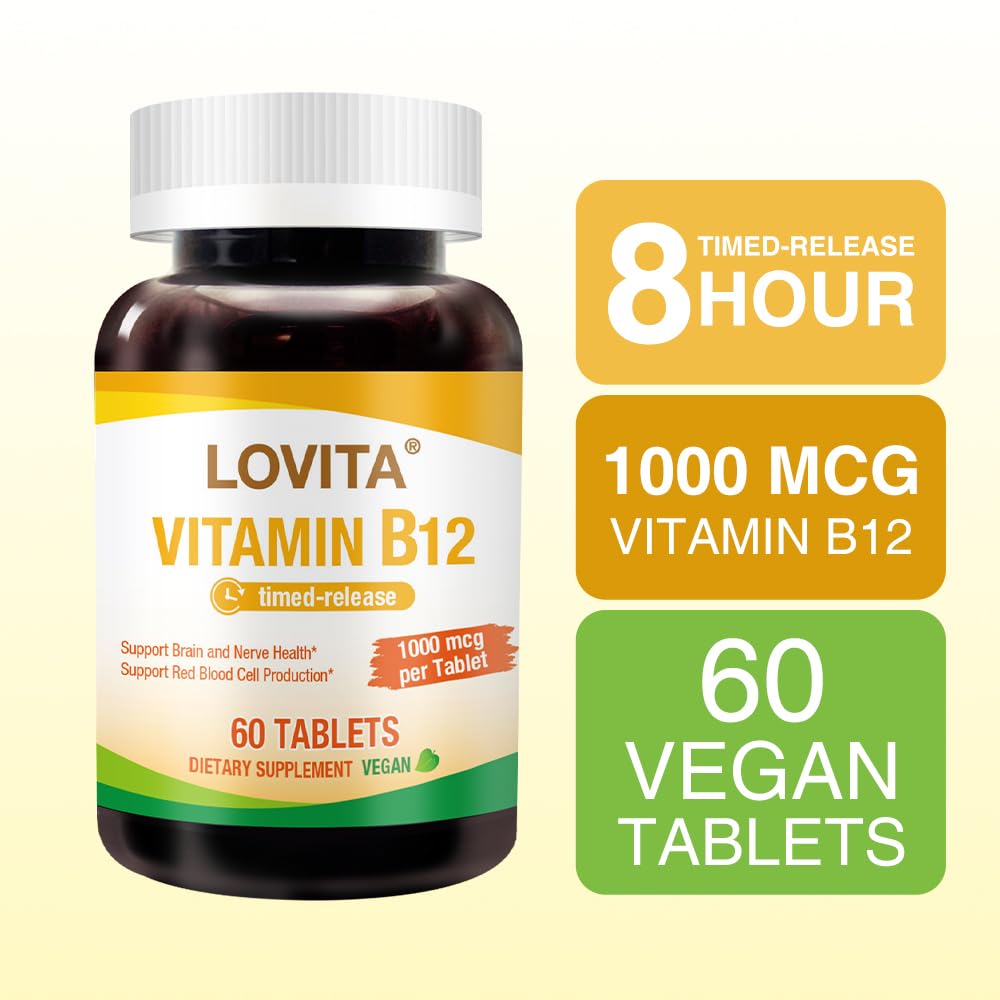 LOVITA Sustained-Release Vitamin B12 1000 mcg (as Cyanocobalamin), Timed Release, 60 Vegan Tablets