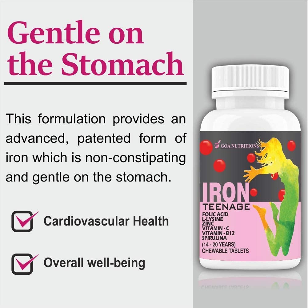 Generic ATS Iron Tablets with Folic Acid, Vitamin C, B12, Lysine, Spirulina & Zinc Supplements as Haemoglobin Builder, Energy for Women and Teen Girls, 60 Tablets