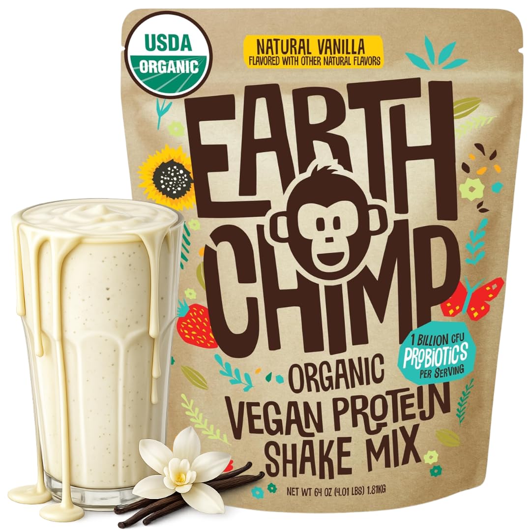 EarthChimp Organic Vegan Protein Powder with Probiotics, 64 oz, 52 Servings