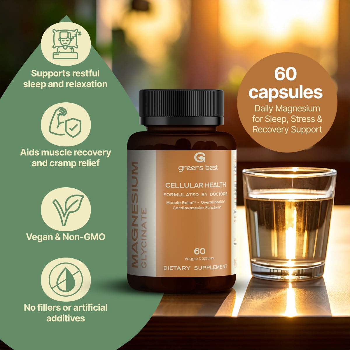 GREEN'S BEST Magnesium Glycinate 500mg – High Absorption Chelated Magnesium for Sleep, Muscle Recovery & Overall Wellness – Non-GMO, Vegan, Clean Formula, No Fillers, 60 Capsules