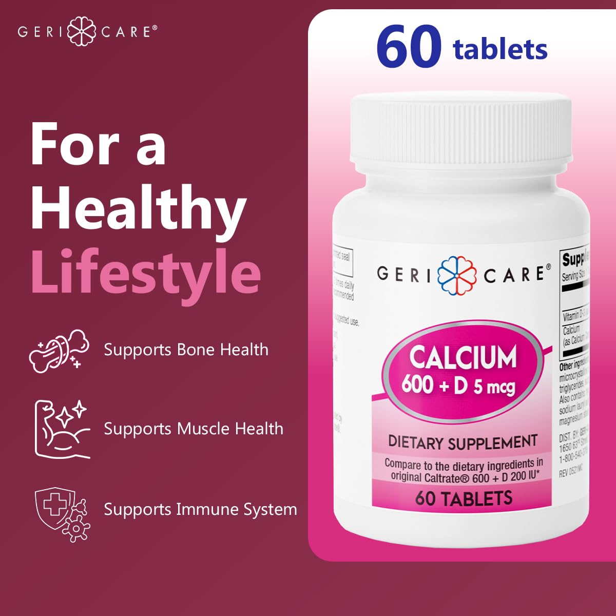 GeriCare Calcium 600mg Vitamin D 5mcg 60 Tablets