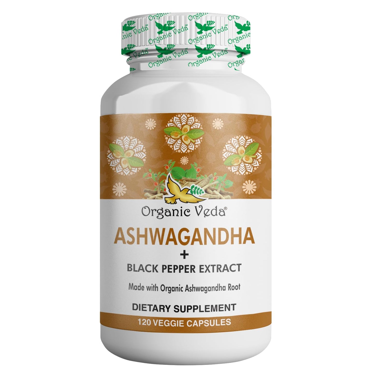Organic Veda Ashwagandha Capsules Full Strength with Black Pepper Extract, 120 Veg Capsules