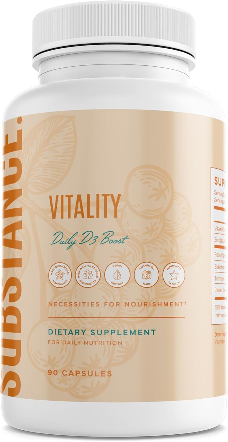 SUBSTANCE Nature’s Vitality Daily D3 Boost Supplement with Vitamin D3, Zinc, Elderberry, Turmeric & Ginger - Immune Support & Bone Health, 90 Capsules