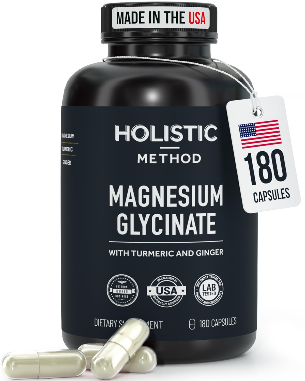 Holistic Method Magnesium Glycinate Capsules with Organic Turmeric and Ginger, 180 Capsules
