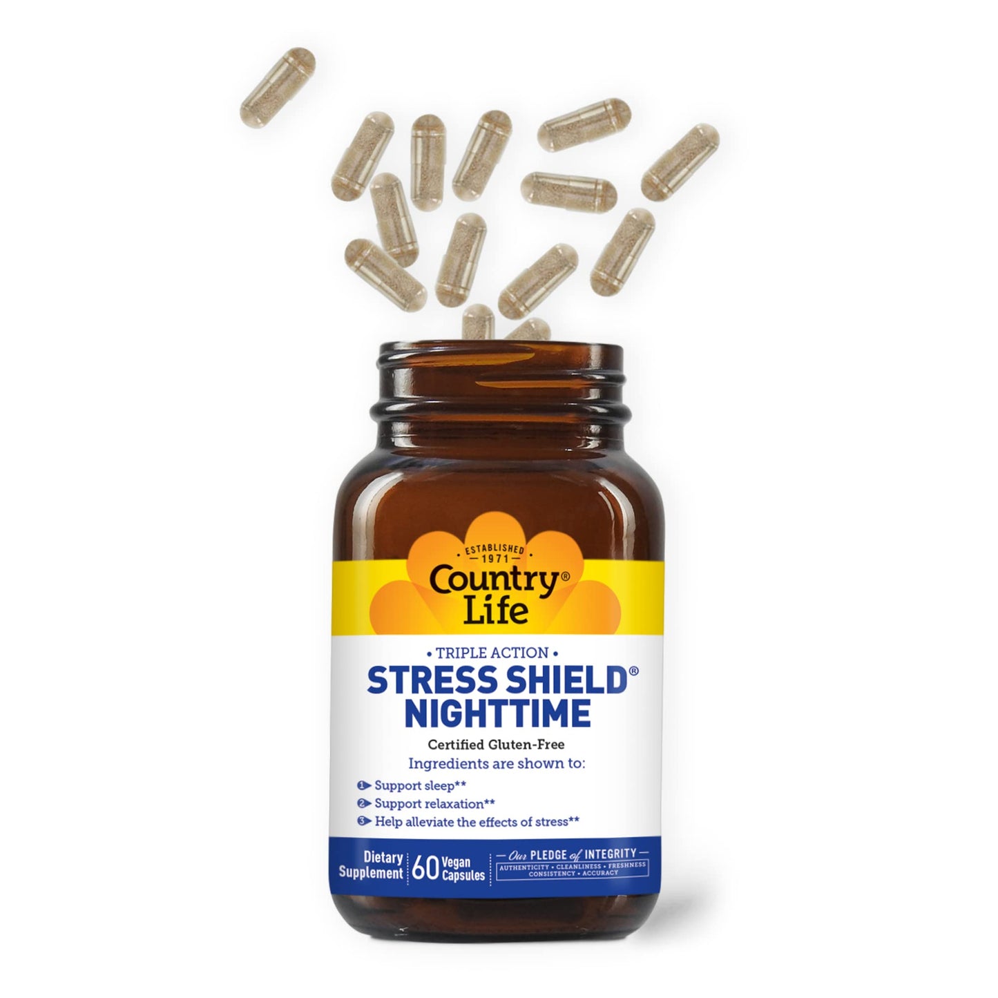 Country Life Stress Shield Nighttime Stress & Relaxation Support Supplement Sensoril Ashwagandha, GABA & L-Theanine Magnesium & Vitamin B5 Gluten Free, Vegan Capsules 60