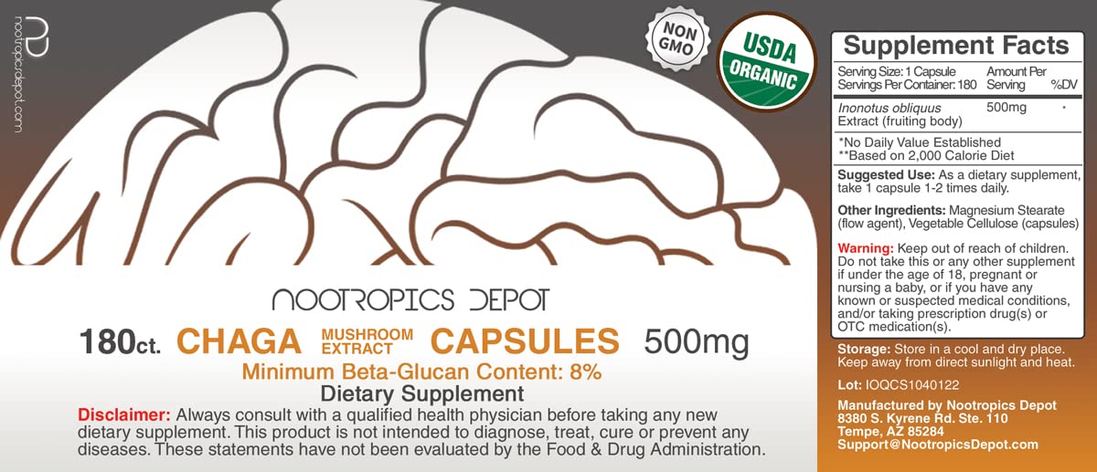 Nootropics Depot Chaga Mushroom Capsules 180 Count