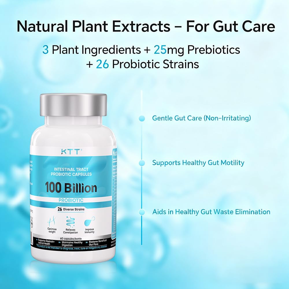 KTT US-Made Probiotics 100B CFU, 26 Strains + Organic Prebiotics, Supports Digestive & Immune Health, 120 Capsules