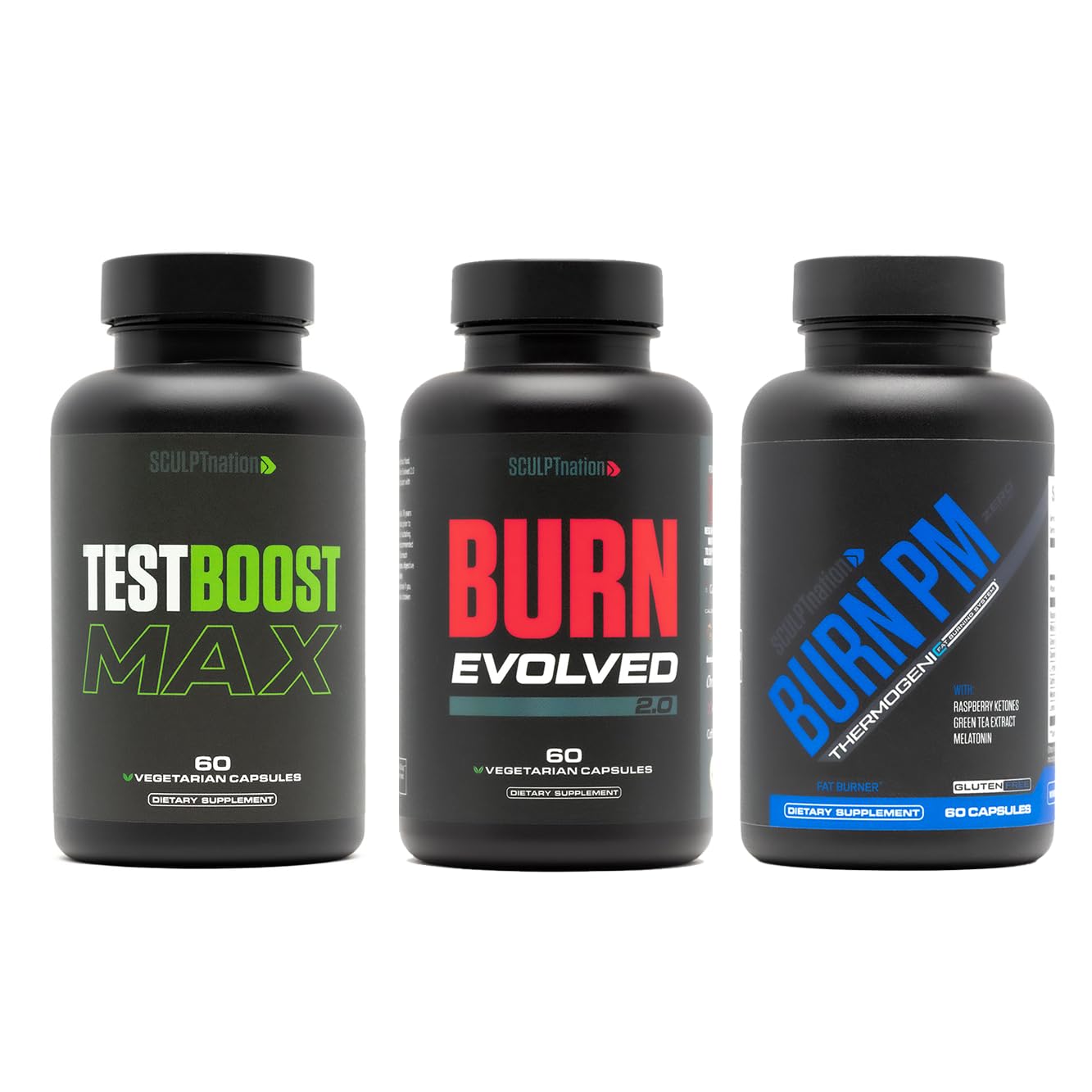 Sculpt Nation T-Boost Max, Burn Day, and Burn PM for Men - Testosterone Booster, Metabolism Assistance, and Post-Workout Melatonin for Sleep Support - 180 Capsules
