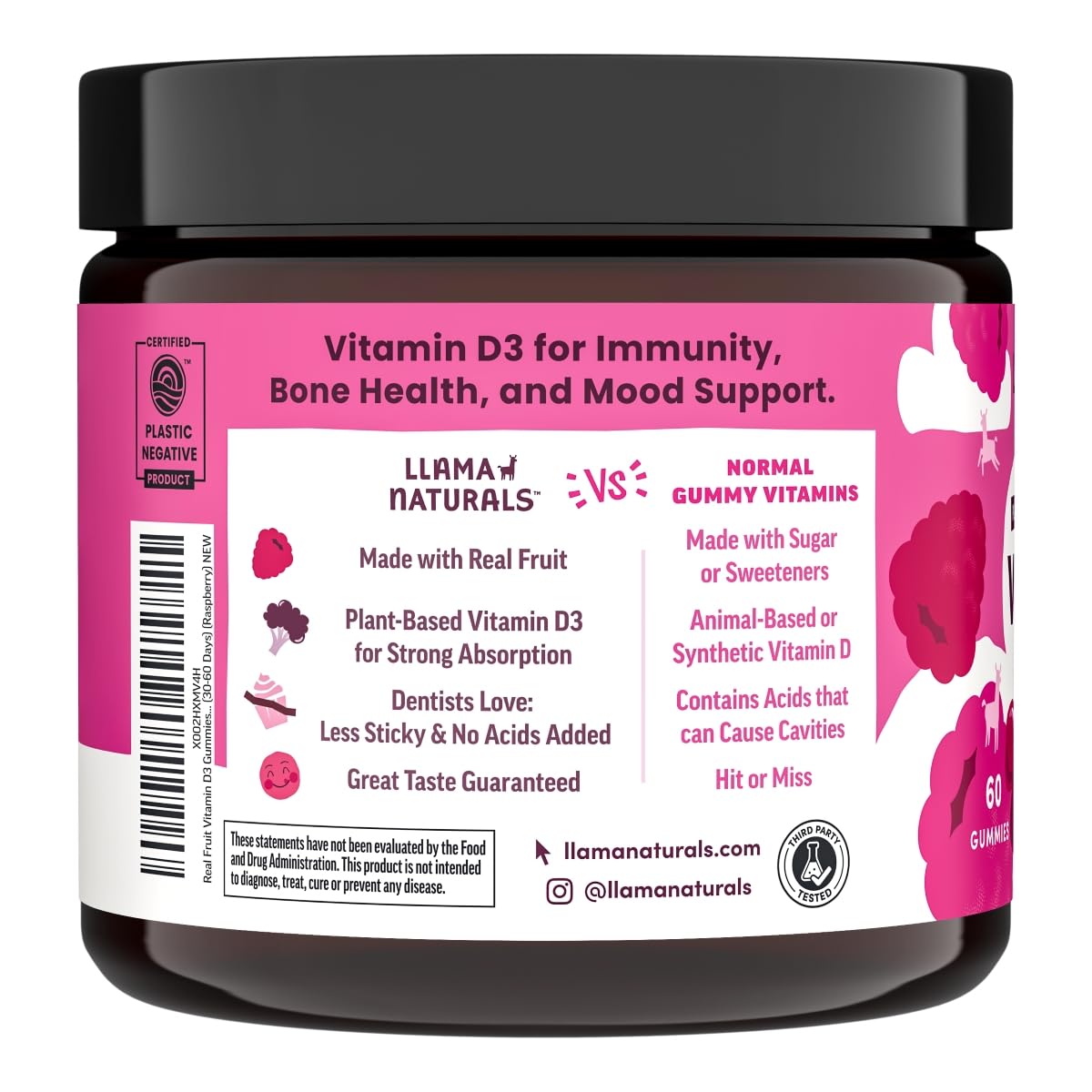 Llama Naturals Vitamin D3, Vegan, Organic Immune Support Supplement, Vitamin D Gummies for Adults and Kids, Real Fruit Gummy Vitamins, Promotes Bone Health, No Added Sugar Cane, Raspberry, 60 Ct