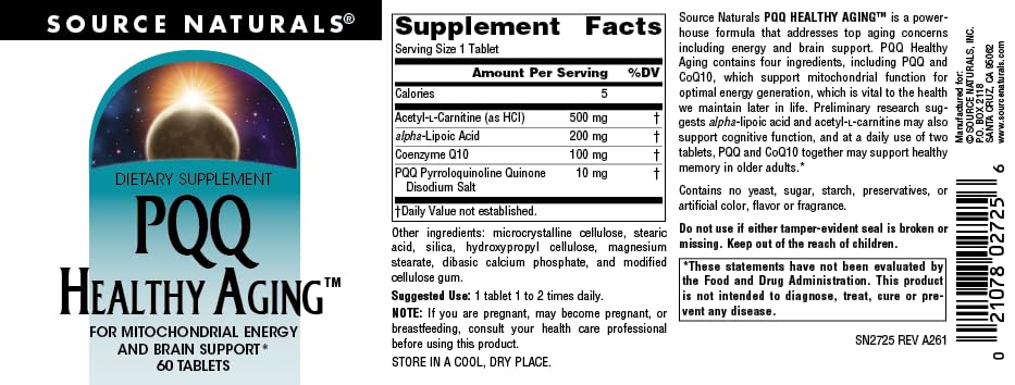 Source Naturals PQQ Healthy Aging, for Mitochondrial Energy & Brain Support, 10 mg, 60 Tablets