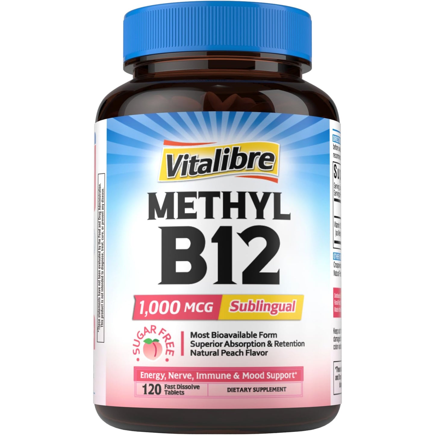 Vitalibre Vitamin B12 1000 mcg Sublingual Methylcobalamin Natural Peach Flavor Nervous System Health Energy Support No Sugar 120 Tablets