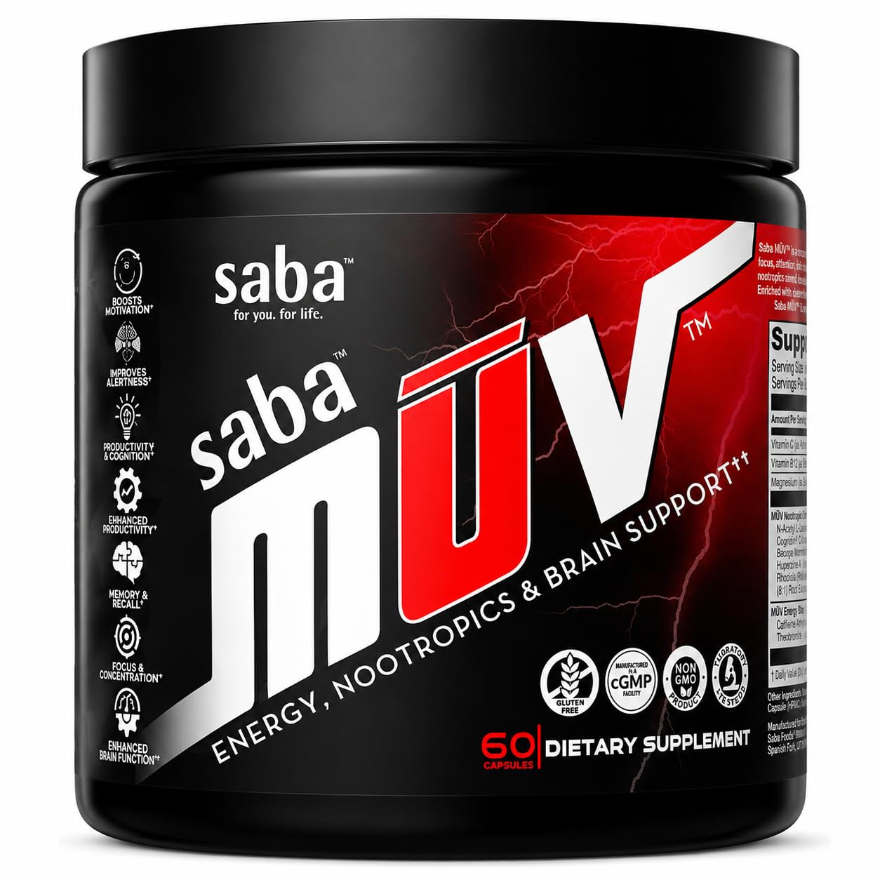 Saba MUV Nootropic Brain Supplement for Memory, Focus & Energy 60 Capsules