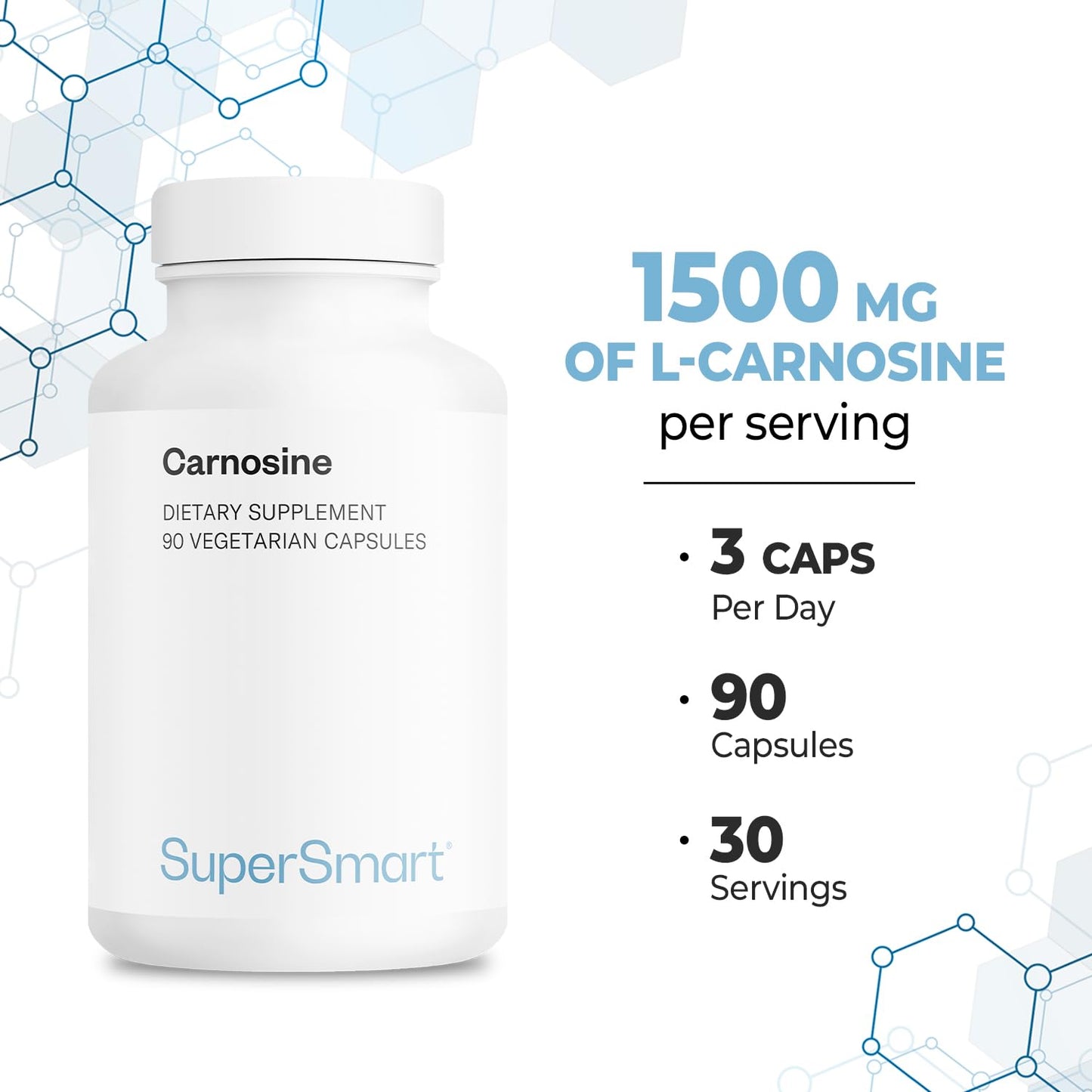 Supersmart Carnosine 1500mg per Day (High Potency) Dipeptide L-Carnosine Supplement, Non-GMO, 90 Vegetarian Capsules