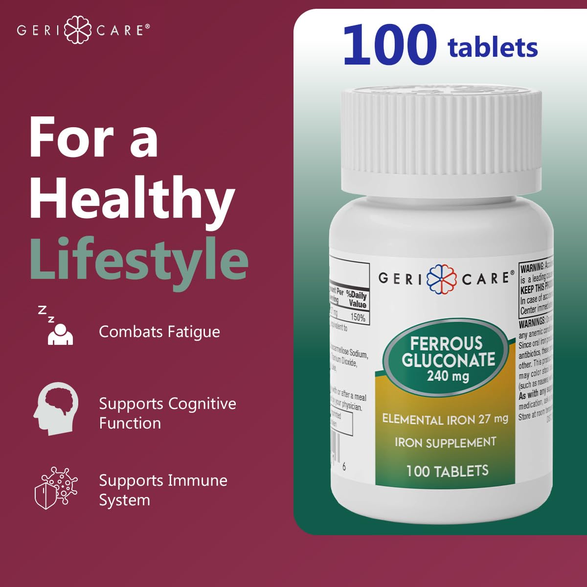 GeriCare Ferrous Gluconate 27mg Iron Tablets, 100 Count
