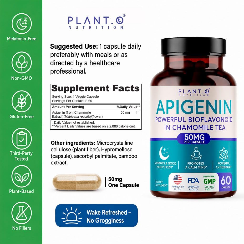 PLANT.O NUTRITION Apigenin 50mg Melatonin-Free Sleep Support & Relaxation, 60 Capsules