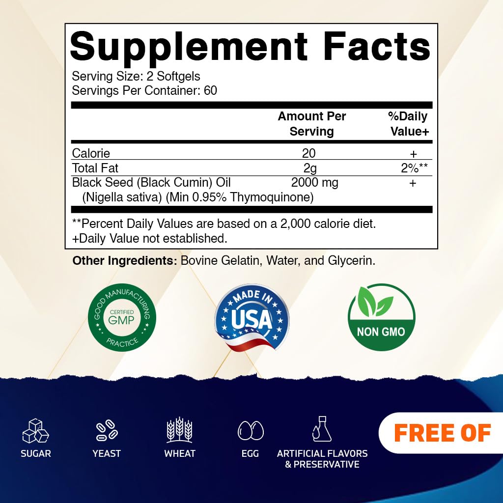 Vitamatic Black Seed Oil 2000 mg Per Serving Cold-Pressed Nigella Sativa (Black Cumin) Oil High Potency Softgel 120 Count