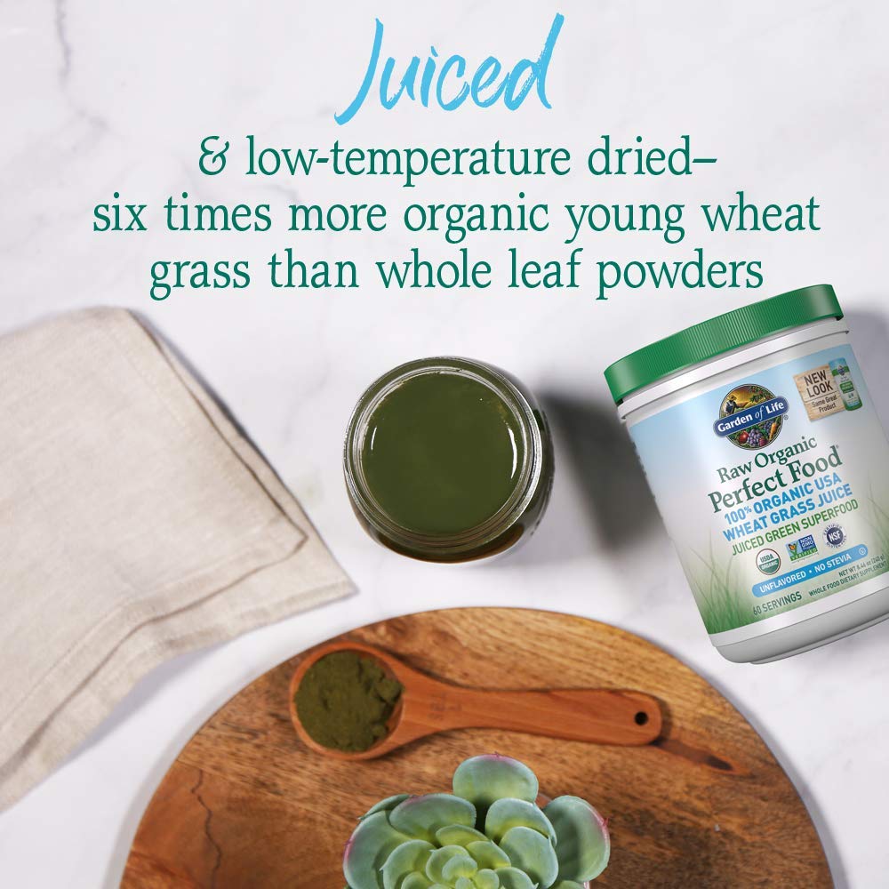 Garden of Life Raw Organic Perfect Food 100% Organic USA Wheat Grass Juice - Juiced Green Superfood Greens Powder 8.46 Ounce