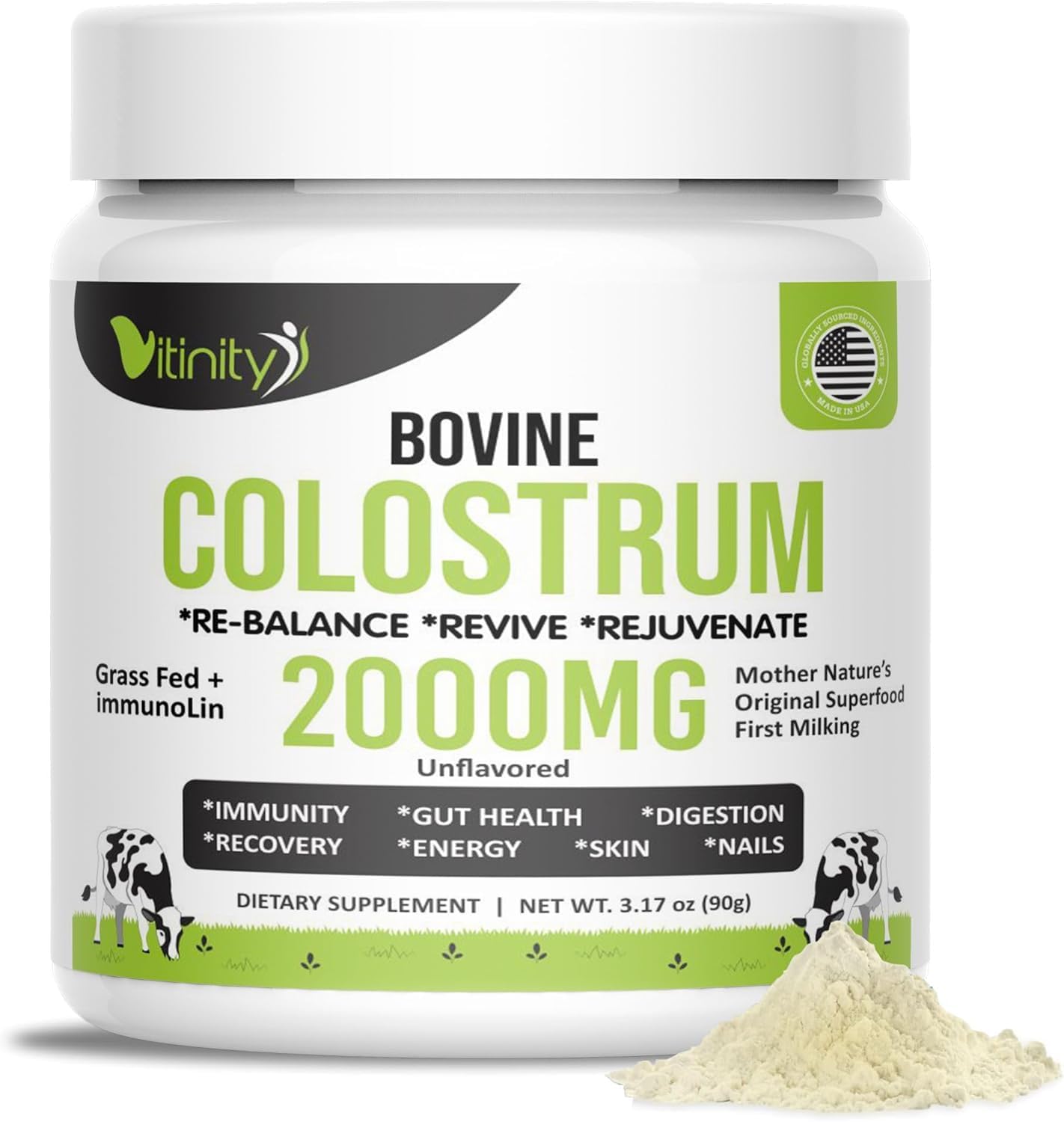 VITINITY Grass Fed Bovine Colostrum Powder, Unflavored, 3.18 oz