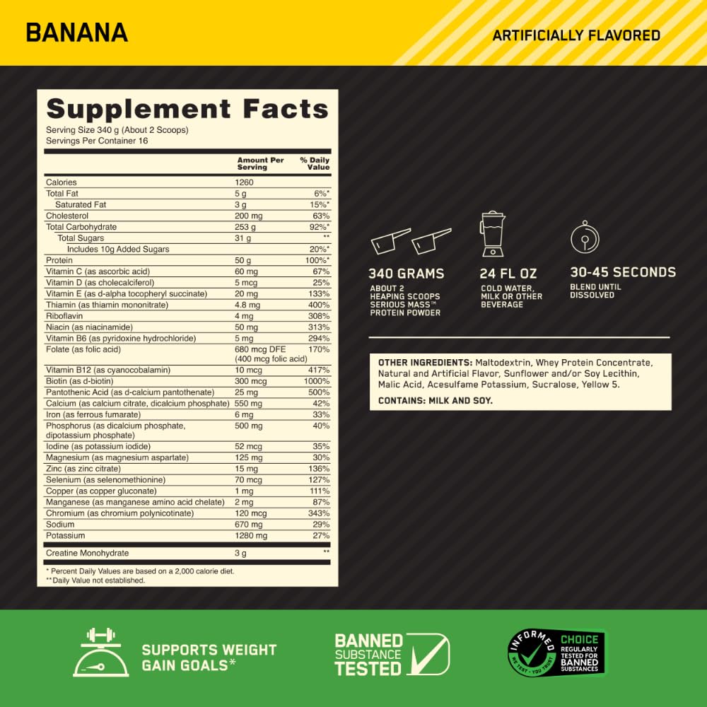 Optimum Nutrition Serious Mass, Weight Gainer Protein Powder, Mass Gainer, Vitamin C and Zinc for Immune Support, Creatine, Banana, 12 Pound (Packaging May Vary)