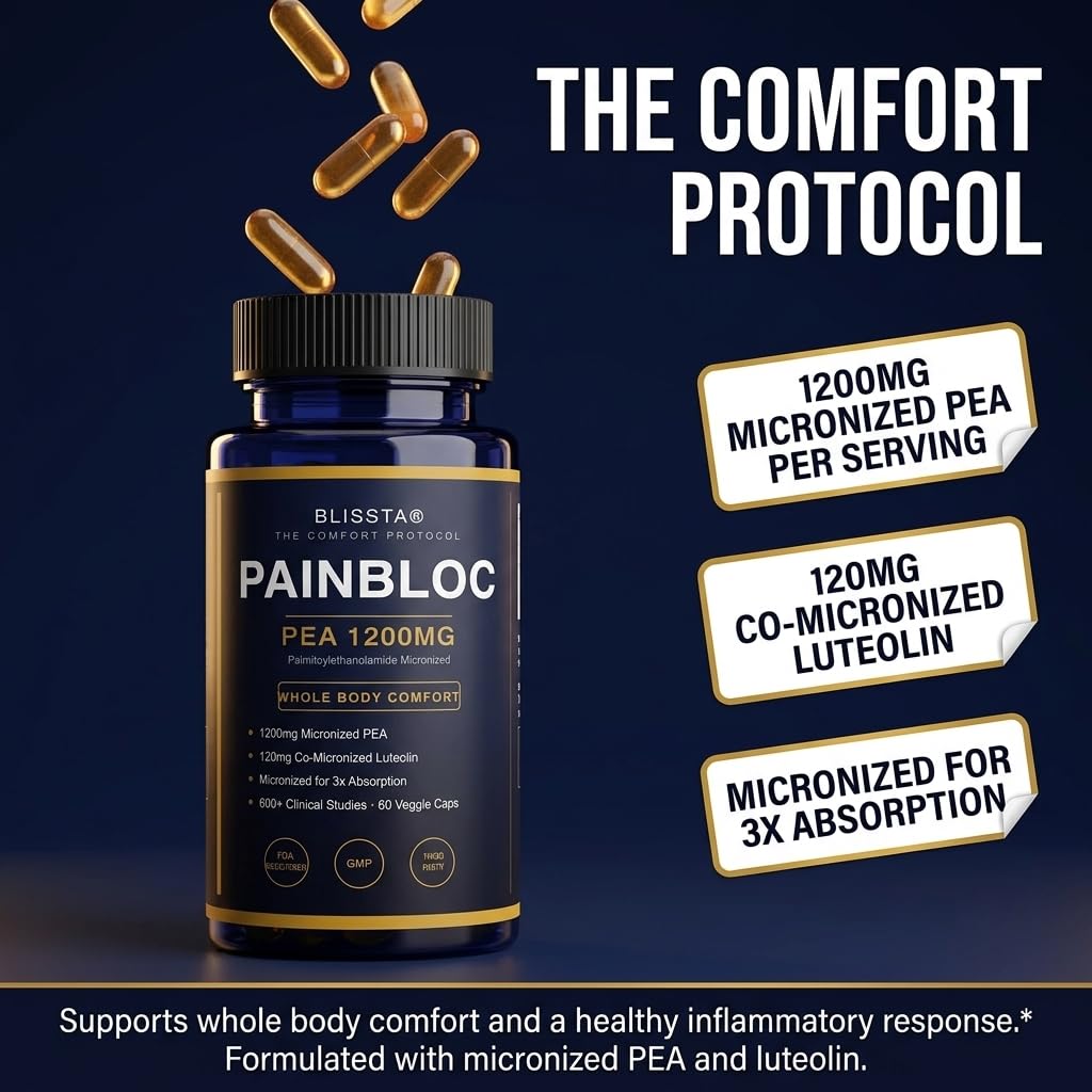 Blissta PainBloc Pea 1200mg with Luteolin, Micronized Palmitoylethanolamide Capsule, 60 Veggie Capsules