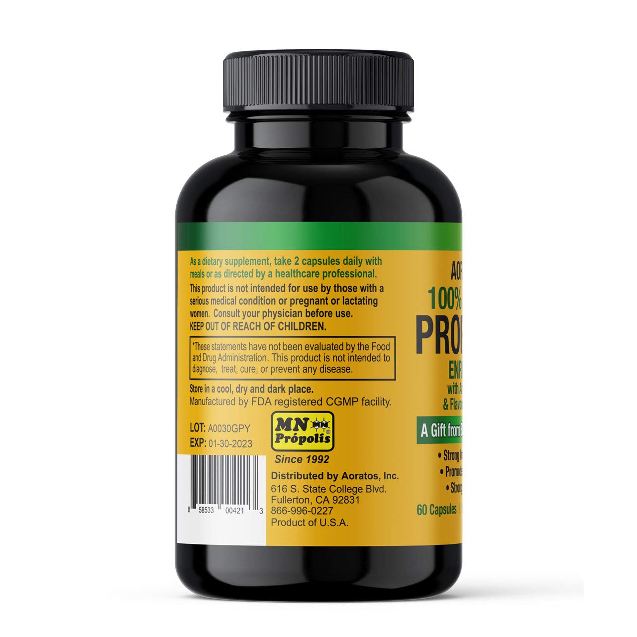 Aoratos 100% Brazilian Green Propolis Enriched 500mg Immune Support Capsule, 60 Capsules
