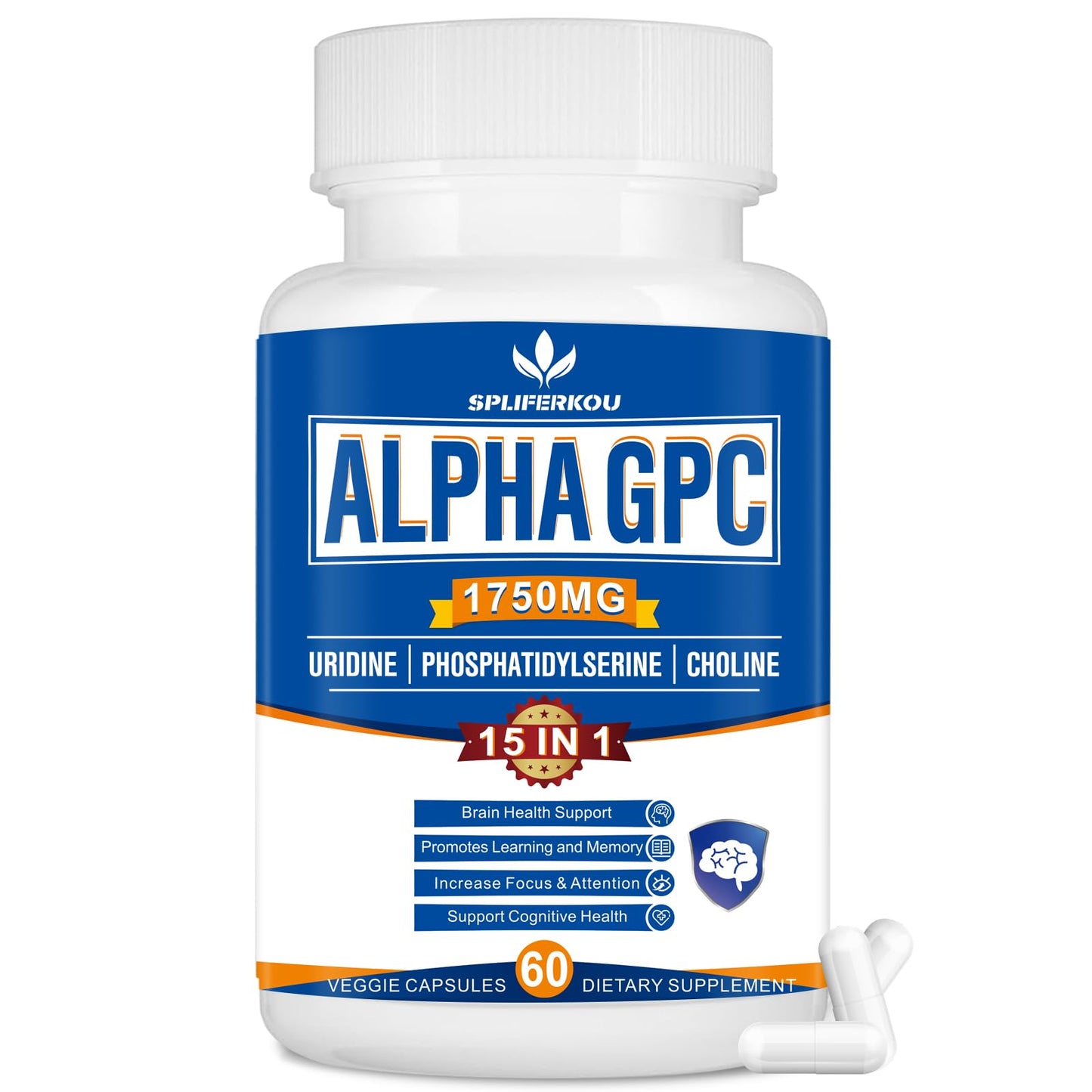 Spliferkou 15-in-1 Alpha GPC Supplement with Phosphatidylserine, Uridine, L-Theanine, Lion's Mane Mushroom, 60 Capsules