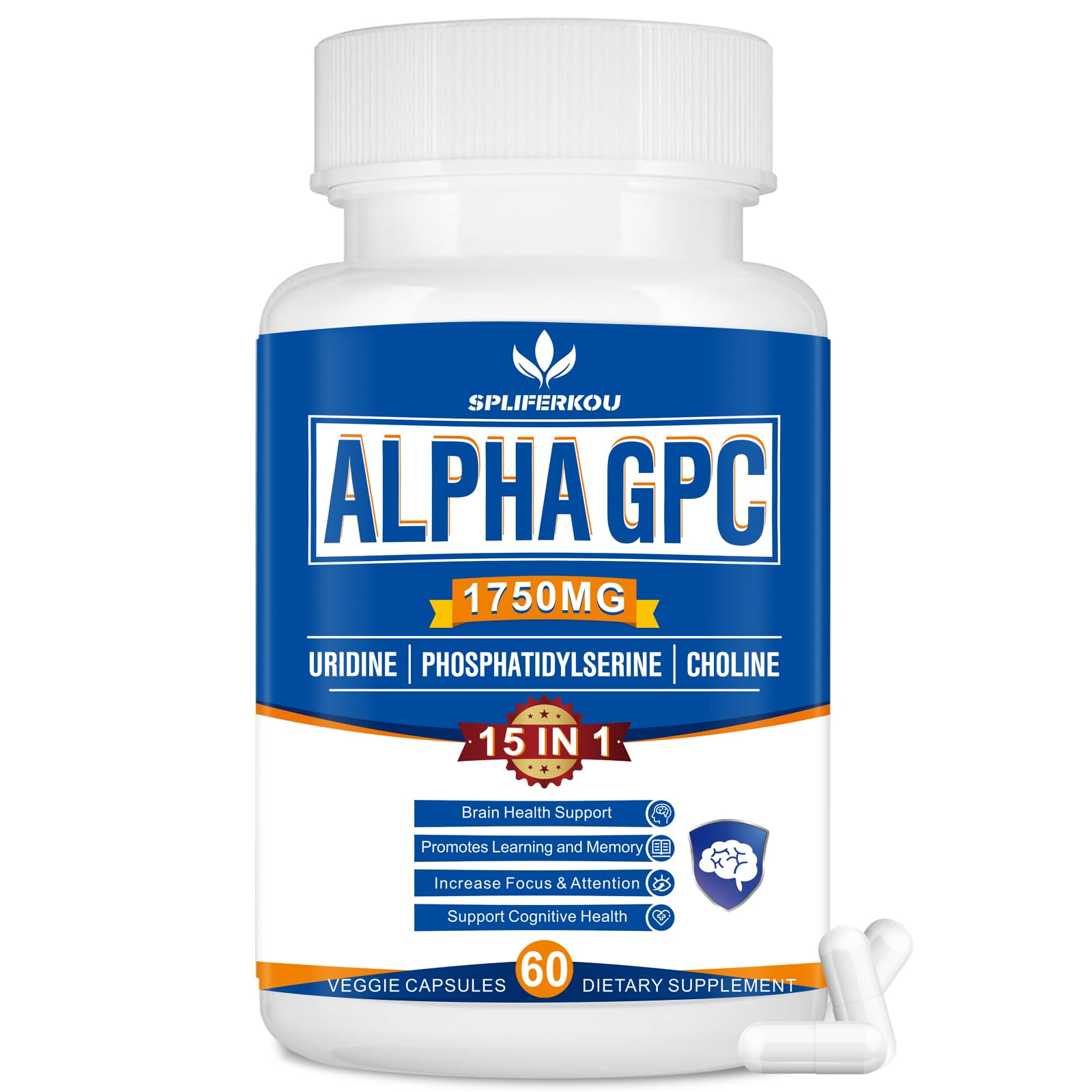 Spliferkou 15-in-1 Alpha GPC Supplement with Phosphatidylserine, Uridine, L-Theanine, Lion's Mane Mushroom, 60 Capsules