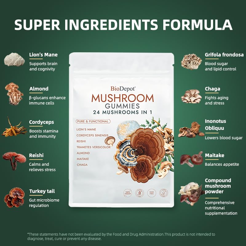 Biodepot Super Mega Mushroom Gummies 24 in 1 Daily Mushroom Supplement Gummy, 120 Gummies