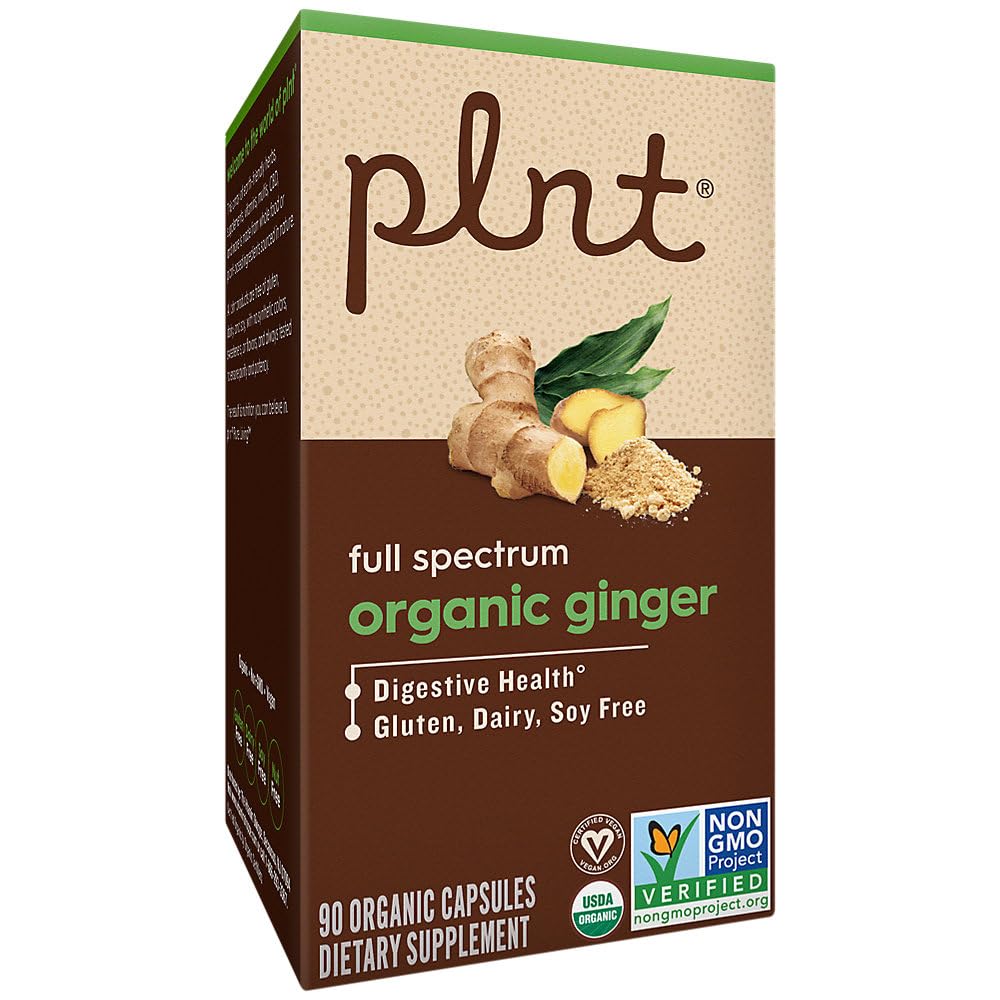 plnt Organic Ginger for Digestive Health Support 500 MG Capsules 90 Count