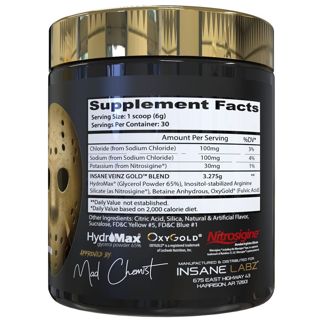 Insane Labz Insane Veinz Gold Nitric Oxide Non Stimulant Pre Workout Powder 6.34 Ounce
