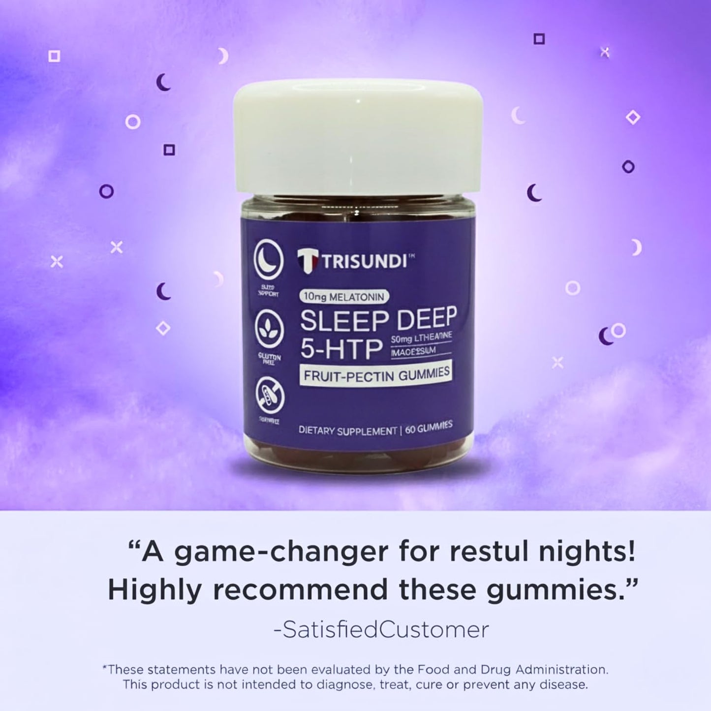 Trisundi Sleep Gummies Deep Relax 5-HTP Gummies – Melatonin, L-Theanine & Magnesium – Vegan Fruit-Pectin Formula – Gluten & Soy Free, 60 Gummies