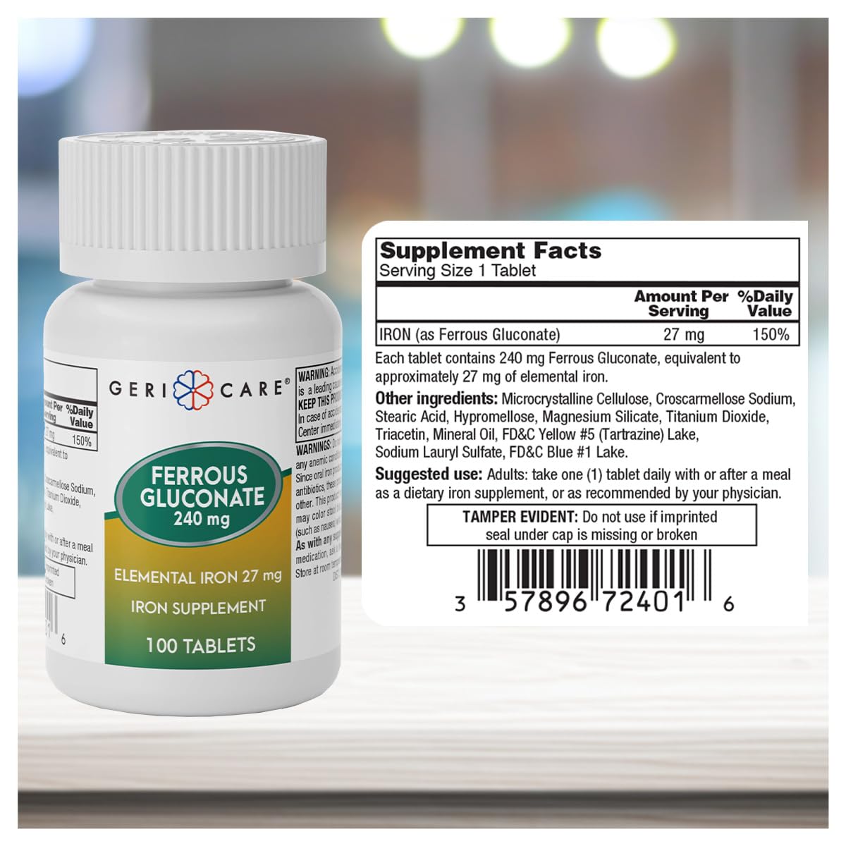 GeriCare Ferrous Gluconate 27 mg Iron Tablets, 200 Count