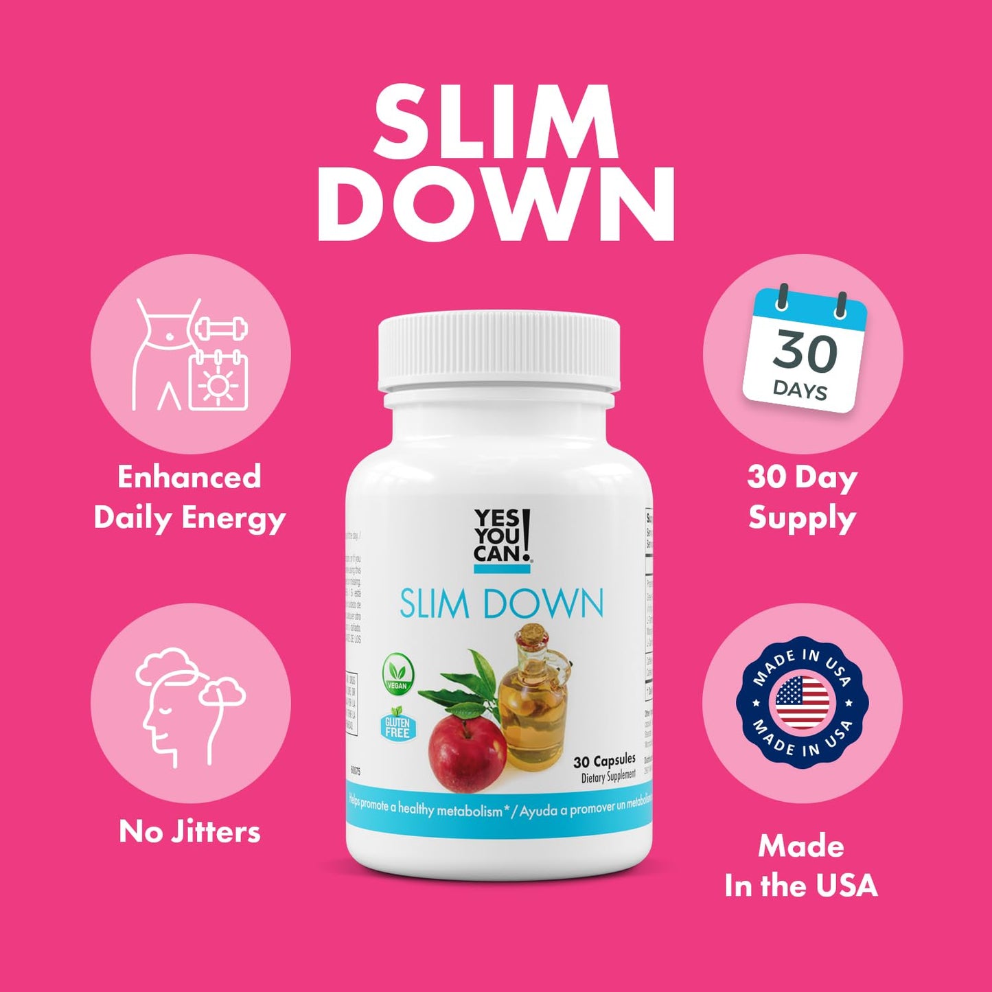 Yes You Can! Slim Down Dietary Supplements with African Mango, L-Carnitine, Apple Cider Vinegar, Green Tea Extract, and Caffeine from Guarana Seed Extract Capsules, 30 Count