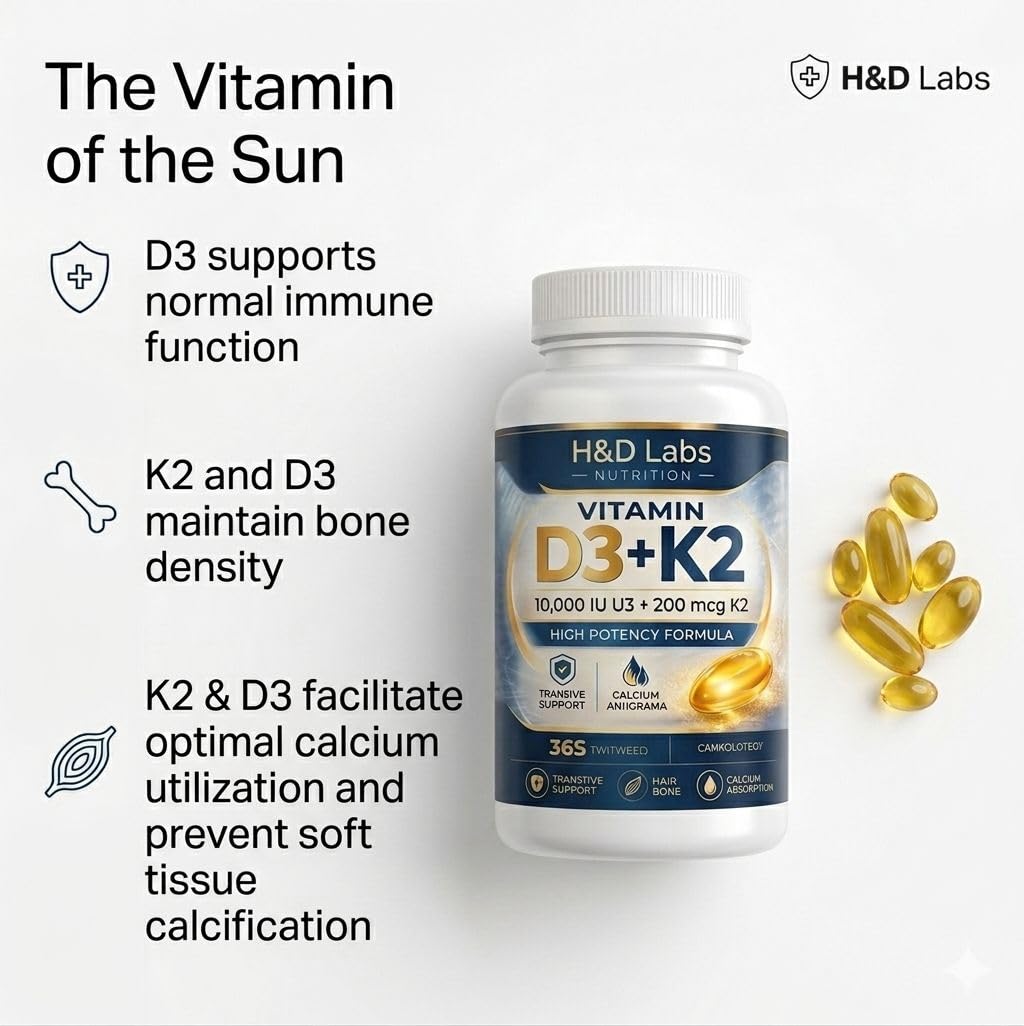 H&D Labs Nutrition Vitamin D3 K2 10000 IU (125mcg) with MK-7 – High Potency Bone & Immune Support – 365 Capsules