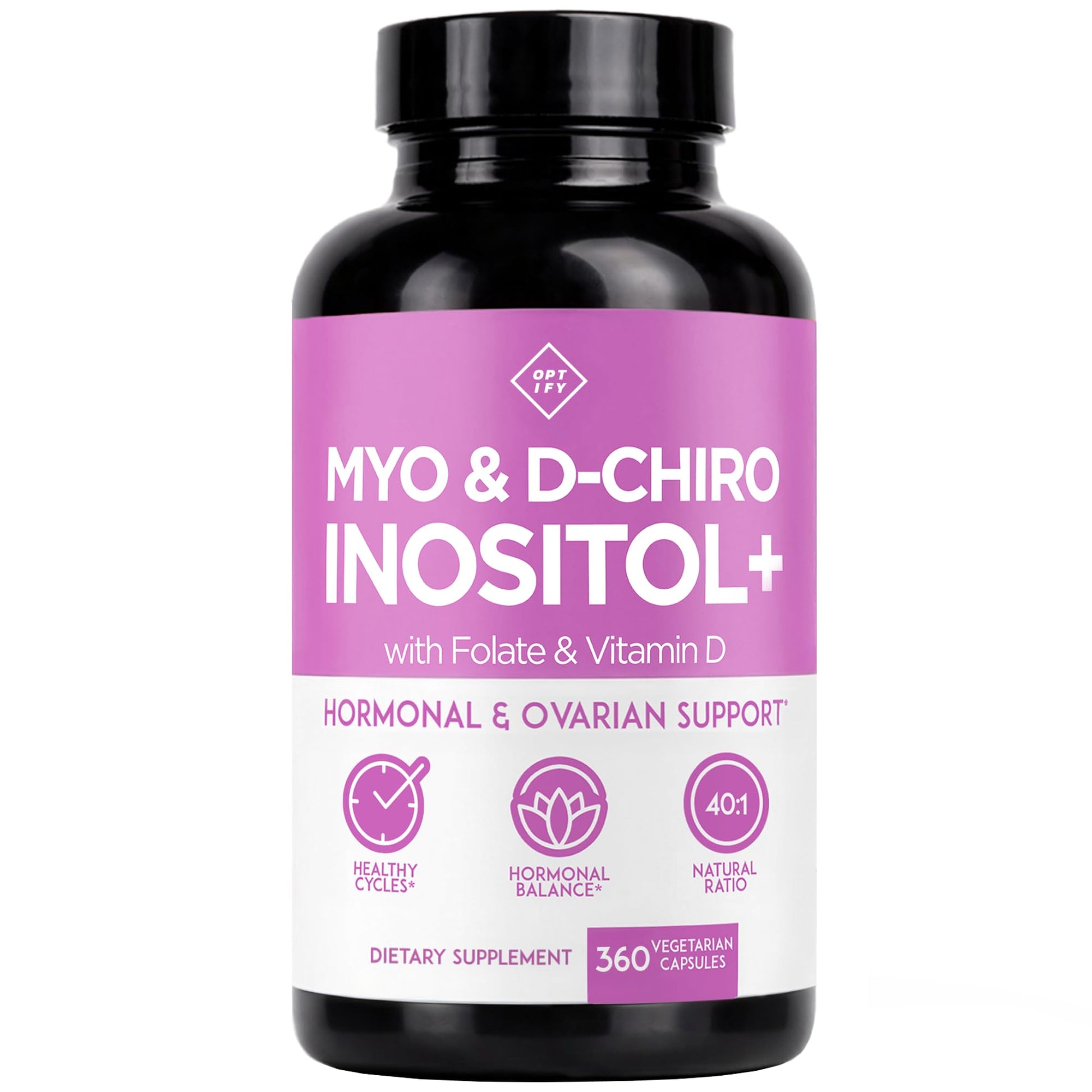 Optify Myo-Inositol & D-Chiro Inositol Supplement for Women 40:1 Ratio Plus Folate and Vitamin D, Capsules, 360 Count