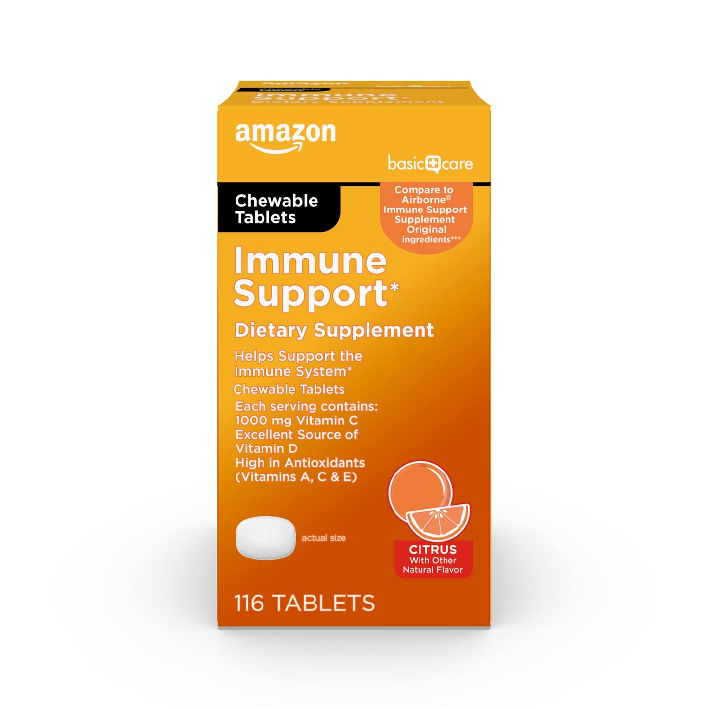 Amazon Basic Care Immune Support Citrus Chewable Tablets, 116 Tablets