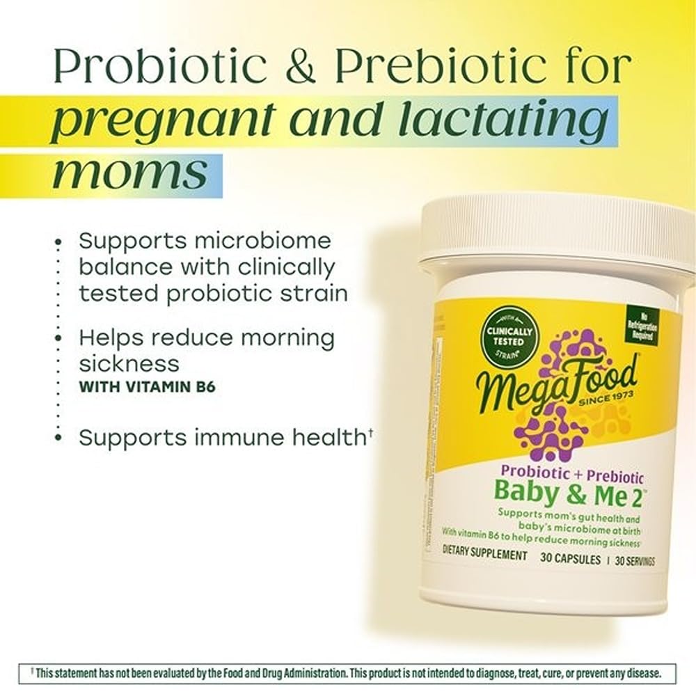 MegaFood Baby & Me 2 Prenatal Probiotic Prebiotic with B6 Capsule, 30 Capsules