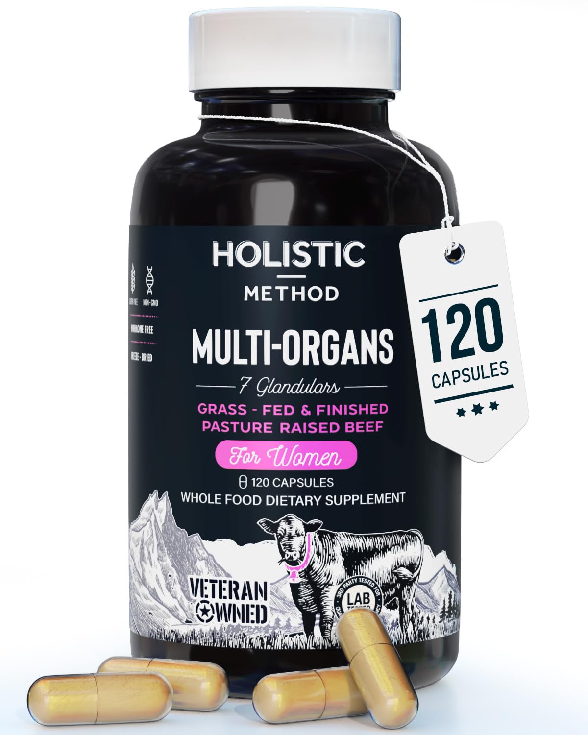 Holistic Method Beef Organ Complex Capsules - Grass-Fed 7-Carnivore Meat Blend for Women, 120 Capsules
