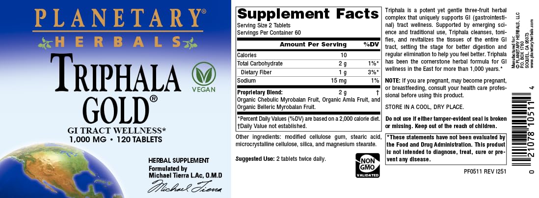 Planetary Herbals Triphala Gold 1000mg Extra Strength Ayurvedic Tablets, 120 Tablets