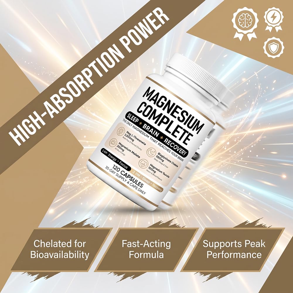 VERTISOOTH Magnesium Complex Capsules (4 in 1) with Glycinate, L-Threonate, Malate & Taurate, Chelated for Better Absorption, Energy Support, 120 Capsules