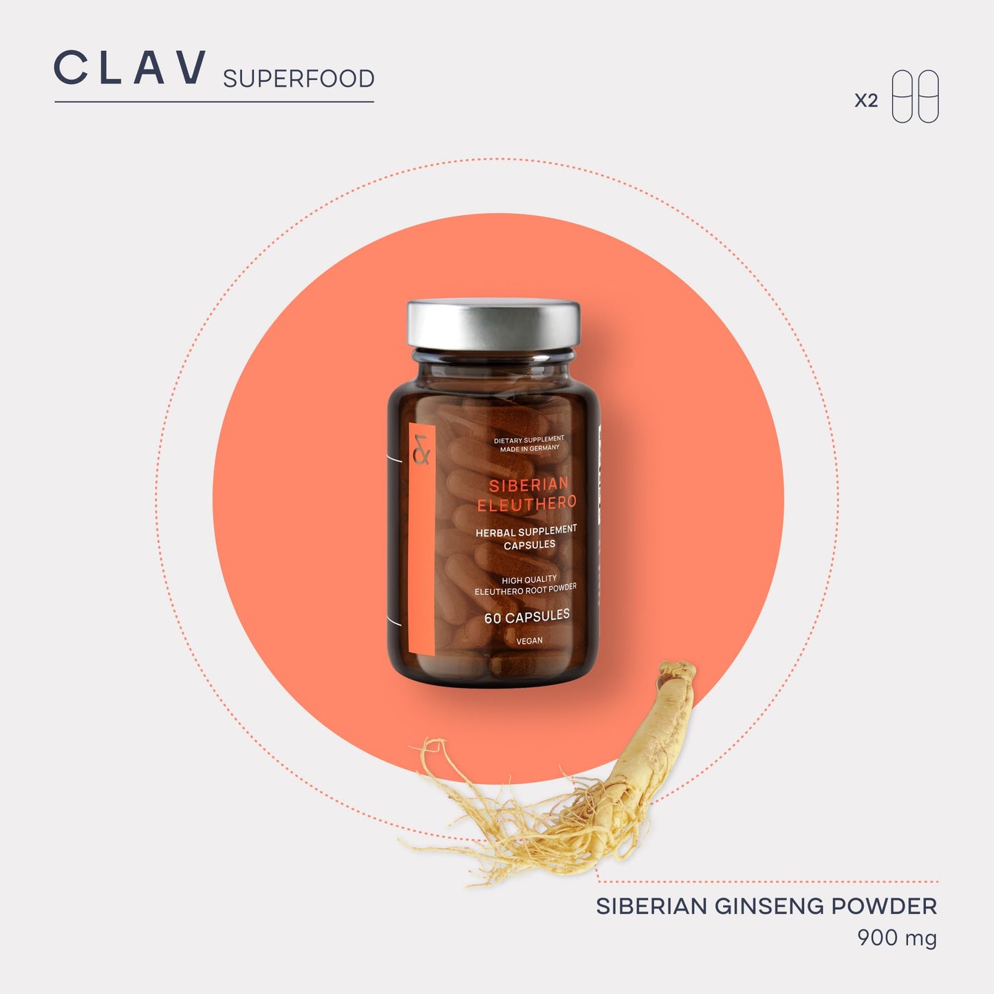 CLAV Siberian Ginseng 900mg Eleuthero Root Powder Capsules, 60 Count