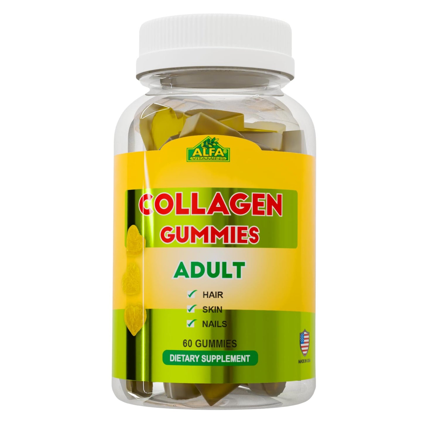 ALFA VITAMINS Collagen Gummies with Vitamin A for Skin Health, Hair & Nails Growth Supplement for Men and Women, Non-GMO, Gelatin-Free, 60 Gummies